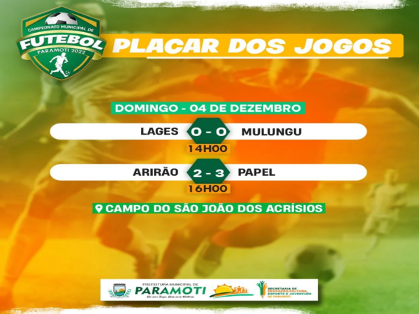 PLACAR DOS JOGOS DO CAMPEONATO MUNICIPAL DE FUTEBOL - PARAMOTI 2022