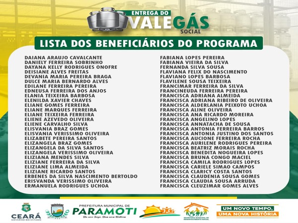 LISTA DOS NOVOS BENEFICIÁRIOS DO PROGRAMA VALE GÁS