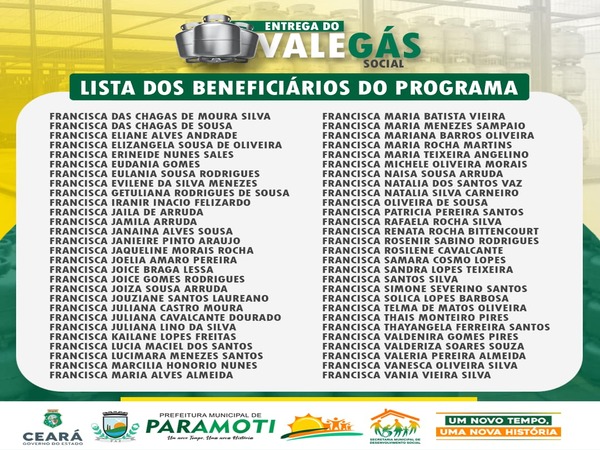 LISTA DOS NOVOS BENEFICIÁRIOS DO PROGRAMA VALE GÁS