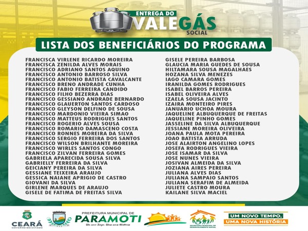 LISTA DOS NOVOS BENEFICIÁRIOS DO PROGRAMA VALE GÁS