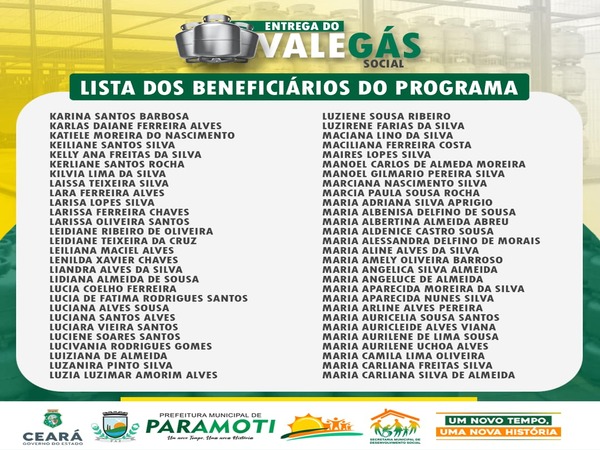 LISTA DOS NOVOS BENEFICIÁRIOS DO PROGRAMA VALE GÁS