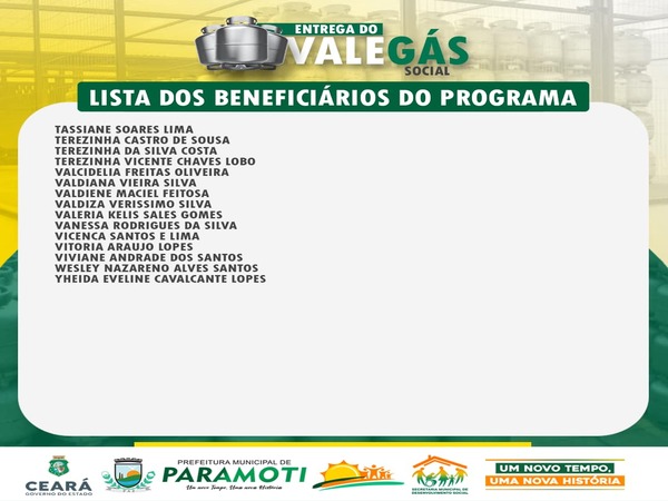 LISTA DOS NOVOS BENEFICIÁRIOS DO PROGRAMA VALE GÁS